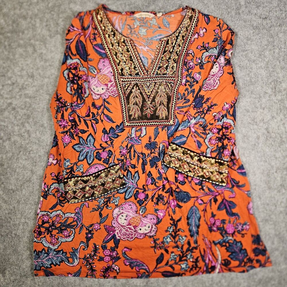 Soft Surroundings Womens Samara Sequin Embroidered Floral Tunic Top Boho Sz L